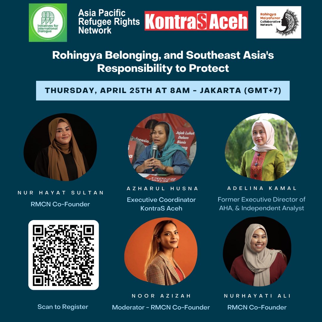 🗓📌Mark your calendar for the event, 'Rohingya Belonging and ASEAN's Responsibility to Protect'. With a stellar panel of women experts, we will discuss #Rohingya human rights issues, humanitarian efforts & R2P by SEA stakeholders. Register now➡️ tinyurl.com/3stk5yf3