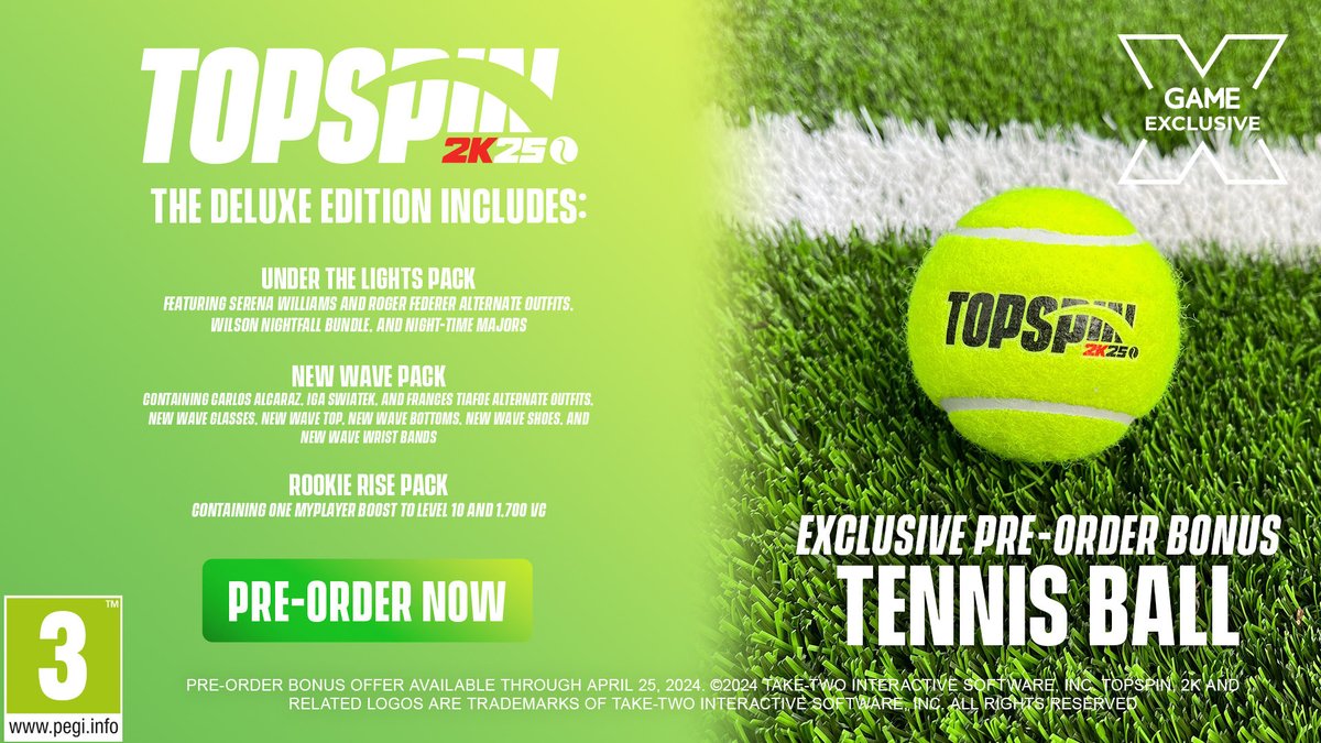 LAST CHANCE TO PRE-ORDER! 🎾 GAME Exclusive TopSpin 2K25 Deluxe Edition is out tomorrow! Pre-order and receive a GAME Exclusive TopSpin 2K25 Tennis Ball 👉 game-digital.visitlink.me/M3GUpp