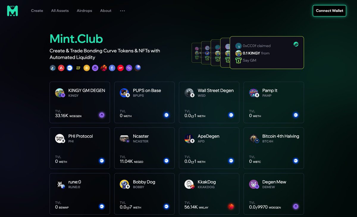 The assets on @base, @degentokenbase, and @klaytn_official are active now. Create assets on your favorite chains; Mint Club offers compatibility with +10 EVM-compatible chains. mint.club