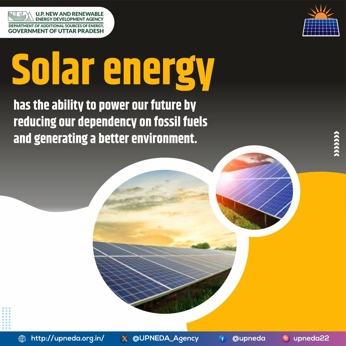 Let's brighten our future by reducing dependence on fossil fuels with solar energy and pave the way for a safe green future.

#SolarEnergy #CleanEnergy #UPNEDA #RenewableFuture #CleanEnvironment #upneda_agency
@CMOfficeUP
@aksharmaBharat
@isomendratomar
@ChiefSecyUP