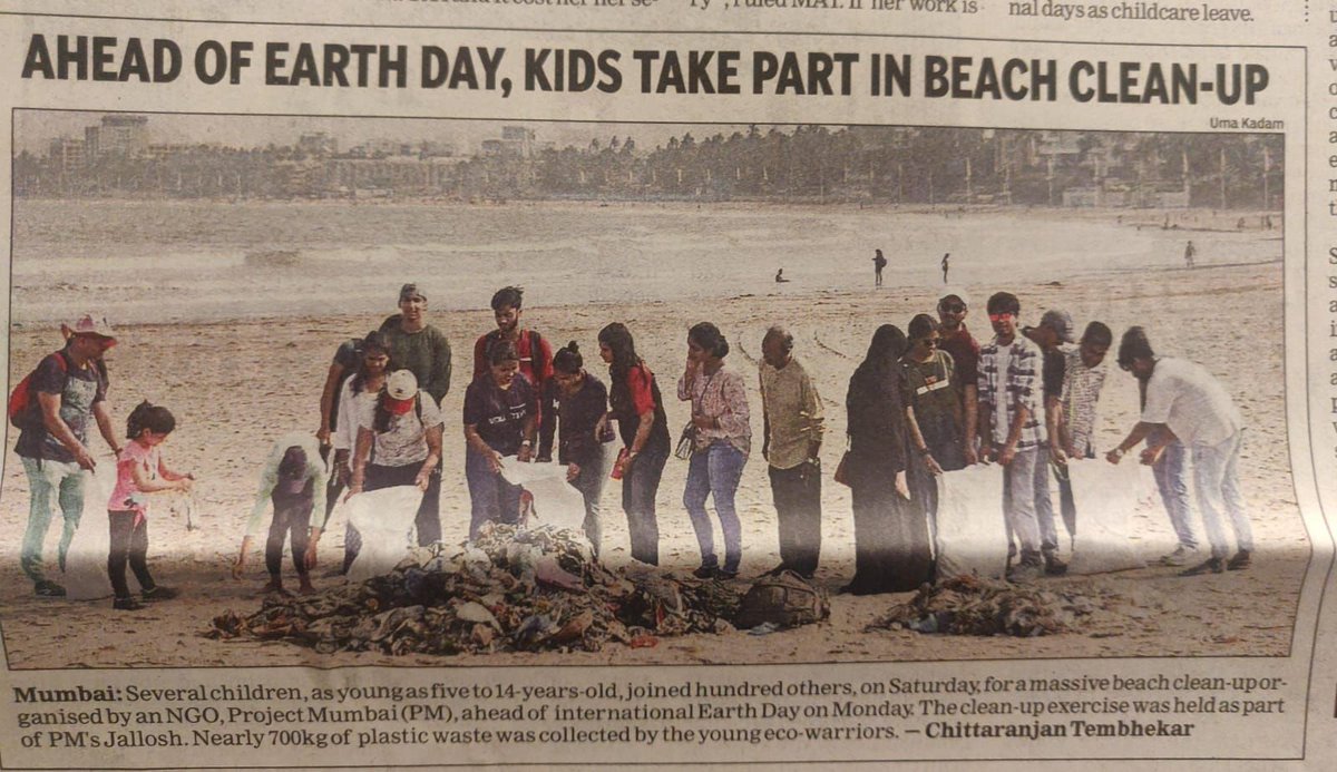 NGO PROJECT MUMBAI GETS TO HUNDREDS OF CHILDREN CELEBRATE EARTH DAY ON MUMBAI'S BEACH Featured in @timesofindia April 21, 2024 issue morehttps://timesofindia.indiatimes.com/city/mumbai/children-taken-to-juhu-koliwada-beach-clean-up-ahead-of-earth-day/articleshow/109464068.cms
