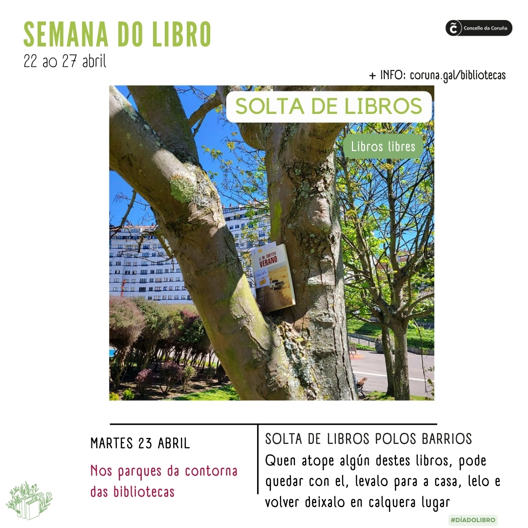 bibcoruna's tweet image. Mañá 23 de abril, #DíadoLibro, faremos unha solta de libros nos parques próximos a cada biblioteca. 

Anímate a compartir a túa foto co libro liberado usando o hashtag #librolibre e mencionando a @bibcoruna en Ig ou X! 

#LibrosGratis #LibrosLibres #BookcrossingCoruña