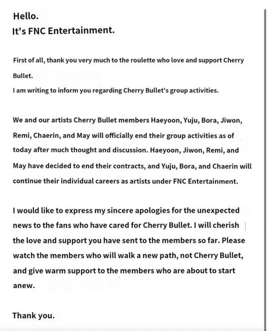 CherryBullet Announces Disbandment. Haeyoon, Jiwon, Remi, and May have decided to end their contracts. Yuju, Bora, and Chaerin will continue their individual careers under FNC Entertainment. weverse.io/cherrybullet/n…