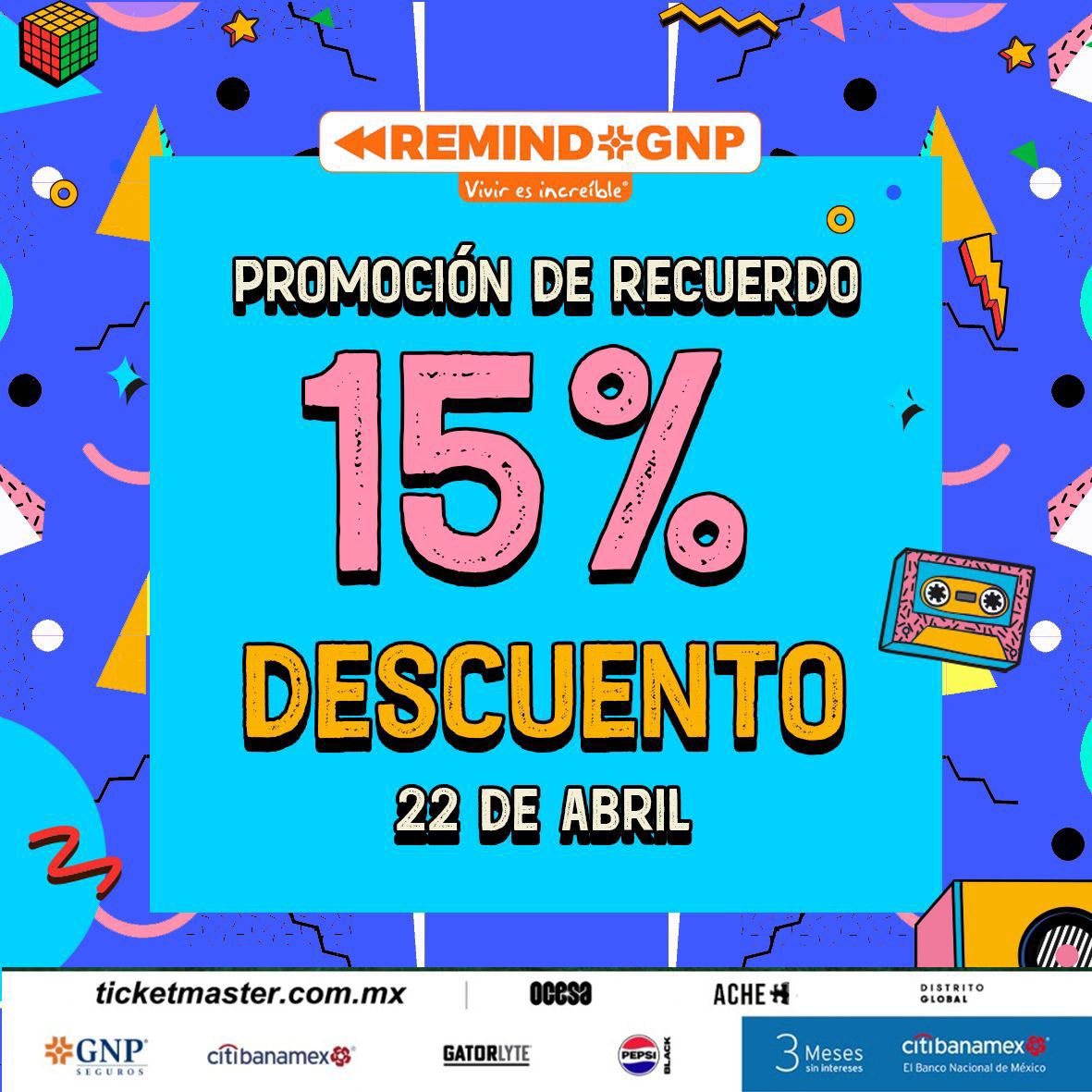 ¡Dicen que recordar es volver a vivir! Hace exactamente un año estábamos festejando la edición 2023 de Remind GNP, y para rememorar este grandioso momento, queremos ofrecerles un 15% de descuento en todas las entradas adquiridas este 22 de abril. 🎟️ 👉🏽 shops.ticketmasterpartners.com/promrecgnp