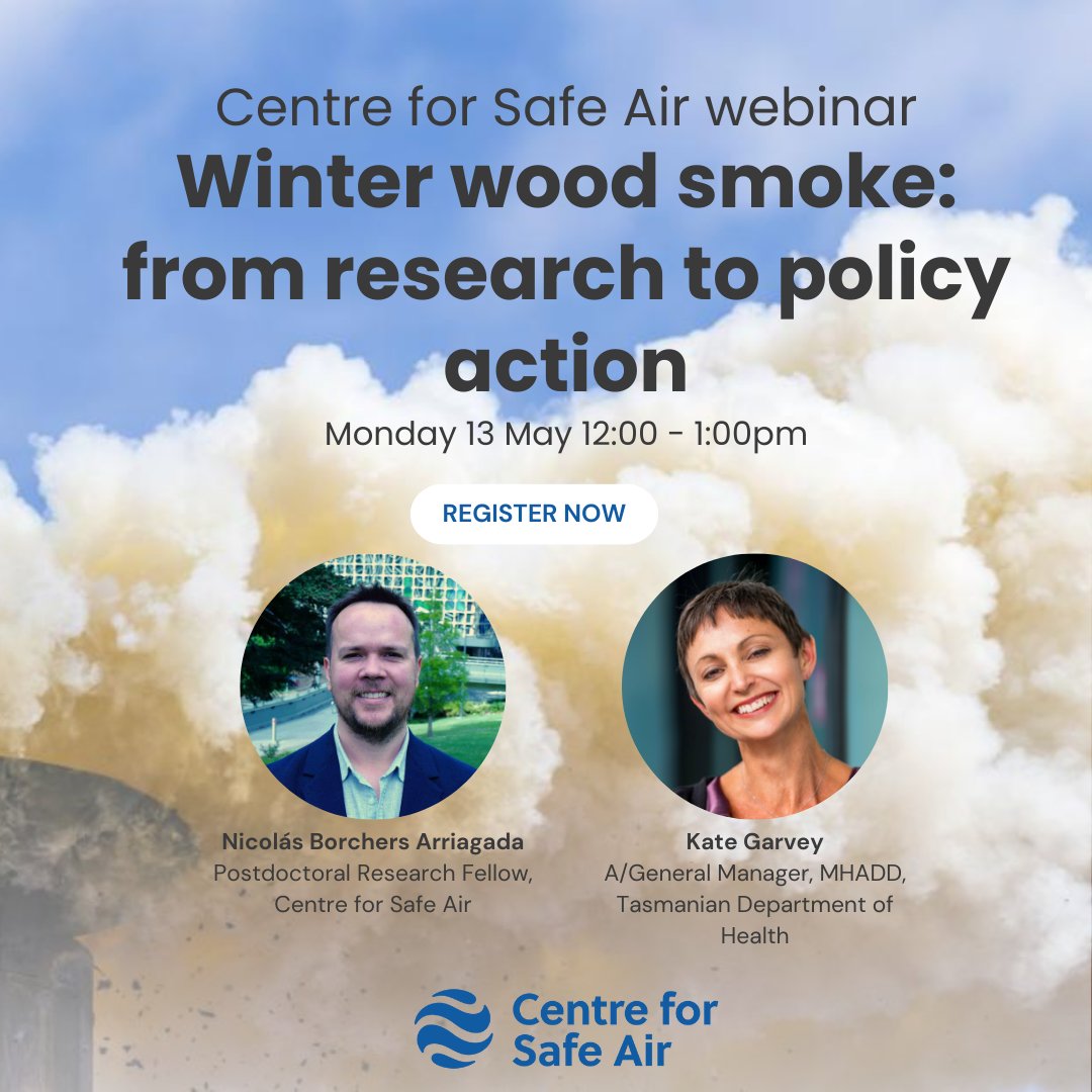 Register now to attend ‘Winter wood smoke: from research to policy action’ featuring Nicolas Borchers-Arriagada (Postdoctoral Research Fellow, Centre for Safe Air) and Kate Garvey (A/General Manager, MHADD, Tasmanian Department of Health): utas.zoom.us/webinar/regist…