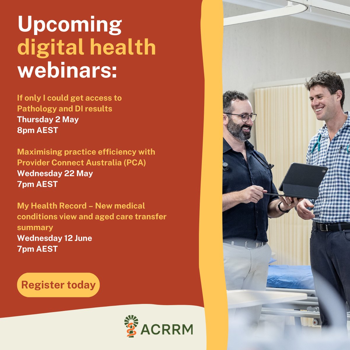 ACRRM, in collaboration with the @AuDigitalHealth is delighted to announce a series of webinars scheduled for May and June 2024. These webinars focus on important developments in digital health. Register today: bit.ly/3xPTBkM