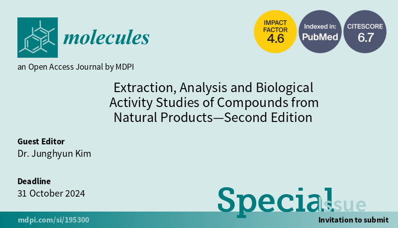 📢New Special Issue Open for Submissions: 'Extraction, Analysis and Biological Activity Studies of Compounds from Natural Products—Second Edition' ✏️Guest edited by Dr. Junghyun Kim 🔗brnw.ch/21wJ2sX 🌳#naturalproducts #bioactivity #extraction #analysis #phytoestrogens