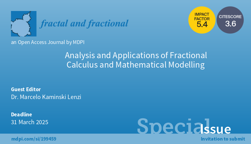 📢 #fractalfract Special Issue 'Analysis and Applications of Fractional Calculus and Mathematical Modelling' is now open for submissions! 👉 You can find more information at: brnw.ch/21wJ2tc #callforpapers #callforsubmissions #fractionalcalculus #fractionalmodels