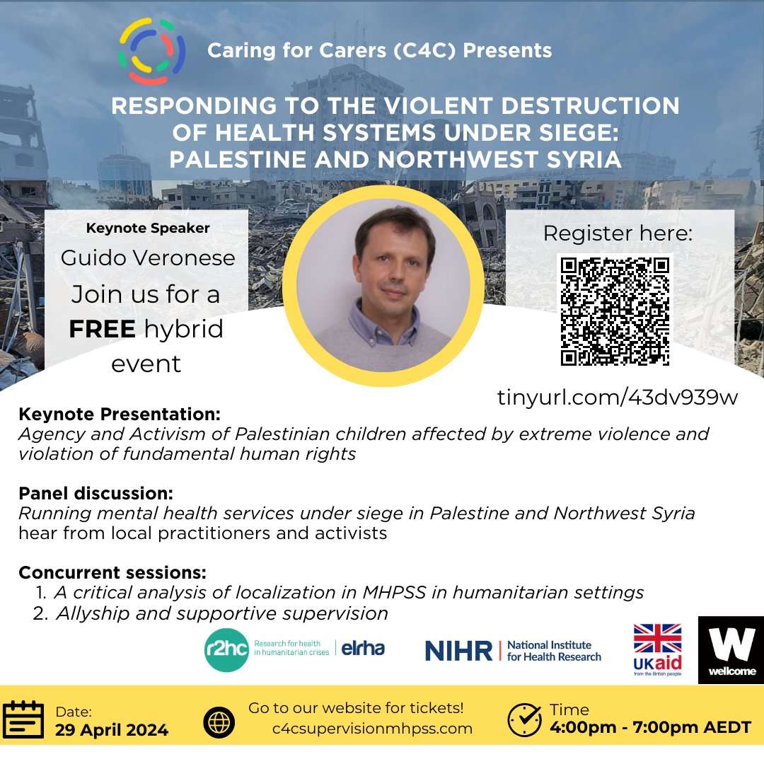 Free webinar next Monday 29th Apr. Hear health workers from Palestine and NW Syria talk about keeping health services going when under attack. Hear about how allies support mental health workers to keep going tinyurl.com/43dv939w #FreePalaestine