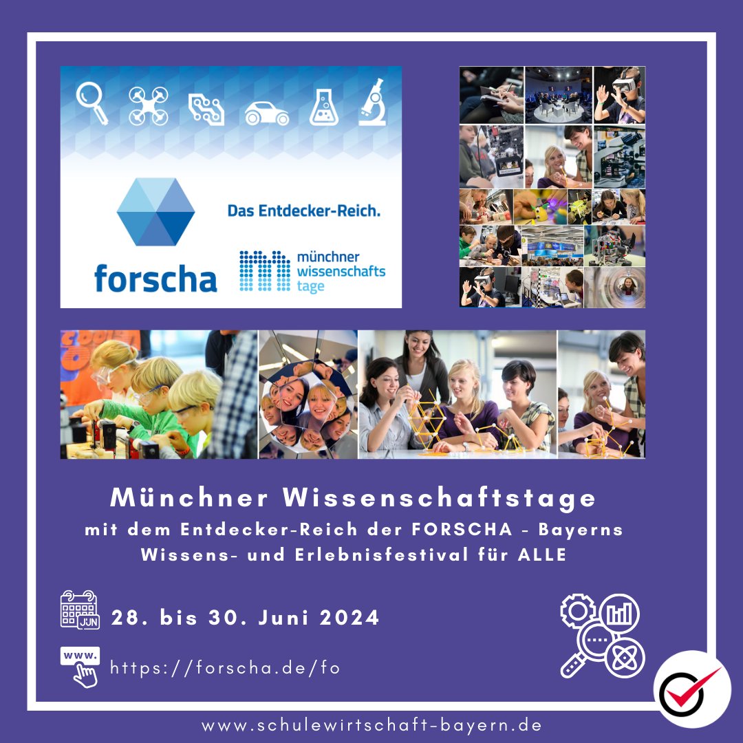 🌟Münchner Wissenschaftstage 28. - 30. Juni 2024, mit dem Entdecker-Reich der FORSCHA - Bayerns Wissens- und Erlebnisfestival für ALLE! 🌈

Infos/ Anmeldung:
▶️ ow.ly/zYzC50QxRkJ 

#twlz #bayernedu #berufsorientierung
