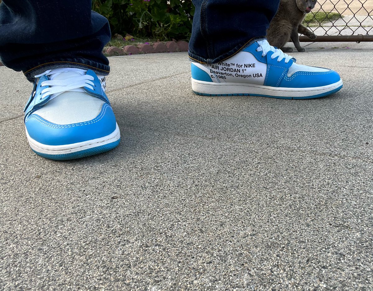 Had to take these out to breathe. Been a long minute since I worn them. #OffWhite University Blue #AJ1 for today. My cat not so happy in the background. 
#KOTD #FOTD #Jordans #Kicks  #OOTD #JordanBrand #SundayFunDay