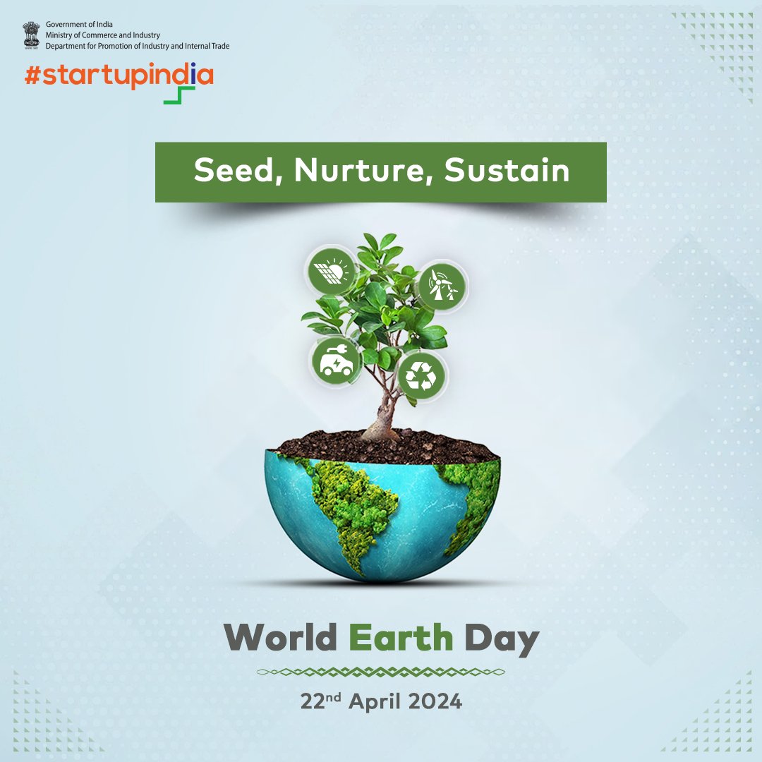 This Earth Day, let's innovate for a greener tomorrow! #StartupIndia is committed to fostering sustainable startups that pave the way for a healthier planet. Join us in nurturing the seeds of change. #EarthDay2024 #InnovateGreen #StartupIndia #IndianStartups #DPIIT #Innovation