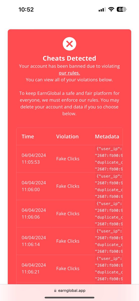 ashhweeii's tweet photo. @earnglobalco  when yall try to cash out just know this gone pop up. They know good god damn well ain’t no fake clicks. Cuz what even is that. LMFAAOOOOOOO https://t.co/7zA2ujwWIr