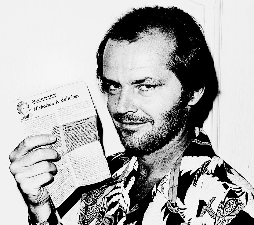 Happy 87th birthday ! Jack Nicholson posing with a movie review calling him “delicious” in 1975.