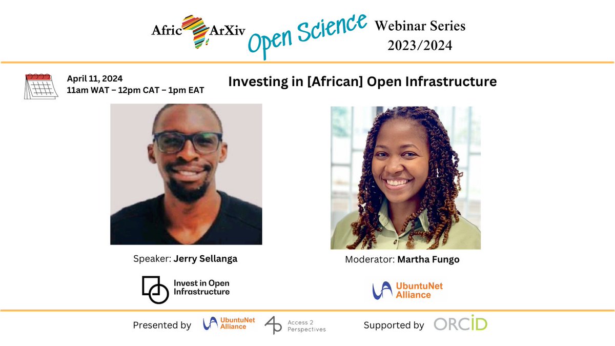 AfricArxiv's tweet photo. From our #OpenScience webinar series; watch the recording
"@InvestInOpen - Investing in [African] Open Infrastructure."

>> https://t.co/dQ2ThFaR20

The slides are available at  https://t.co/WCSKGMpjpf

@ORCID_Org @UbuntuNet

#OpenAccess #Research #PersistentIdentifiers https://t.co/WnDI3fFvM6