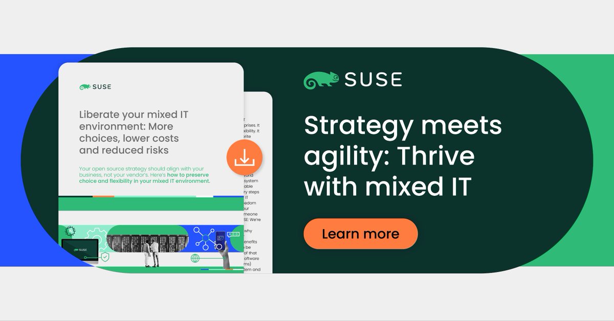 💡Z nowego opracowania @SUSE dowiesz się, w jaki sposób heterogeniczne środowiska IT mogą być bardziej elastyczne i gotowe na nowe wyzwania, pozwalając uniknąć ograniczeń związanych z uzależnieniem się od jednego dostawcy. 

📩  okt.to/lB4JwW

#ChoiceHappens #OpenSource