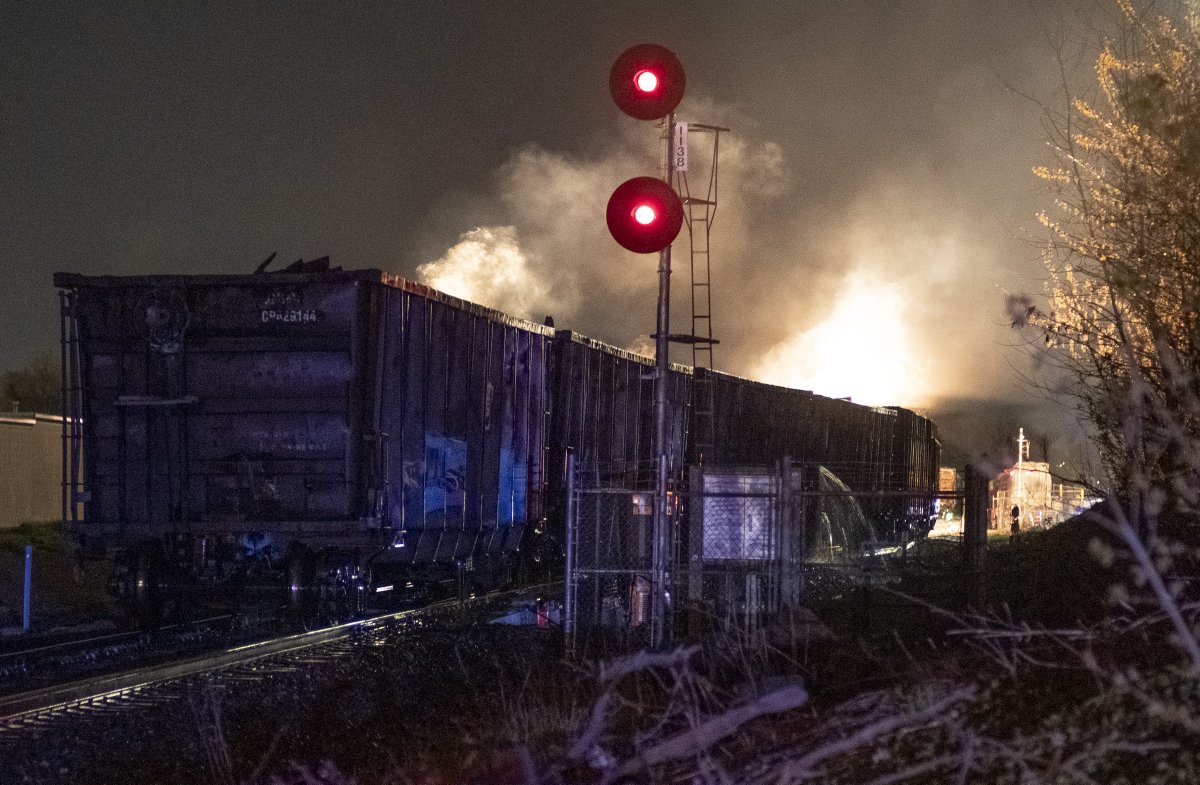 Fire hoses line a portion of Pall Mall St near Colborne as <a href="/LdnOntFire/">London Fire Department</a> work to extinguish a blaze aboard a @CPKC freight train just east of Richmond St Sunday night. Once out, the affected rail cars were moved to the nearby CP rail yard. #LdnOnt #EmergencyServices #LPS