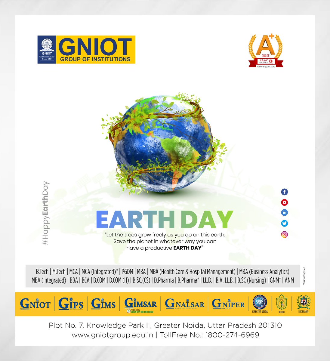 GNIOTCollege's tweet photo. Let the trees grow freely as you do on this Earth. Save the planet in whatever way you can. Have a productive Earth Day!
Visit our Website: https://t.co/QuLMtYzvfX
Toll Free No.: 18002746969
#GNIOT #LetTreesThrive #SaveOurPlanet #EarthDayAction #GreenLiving #SustainableFuture https://t.co/uKJfcCv2yN