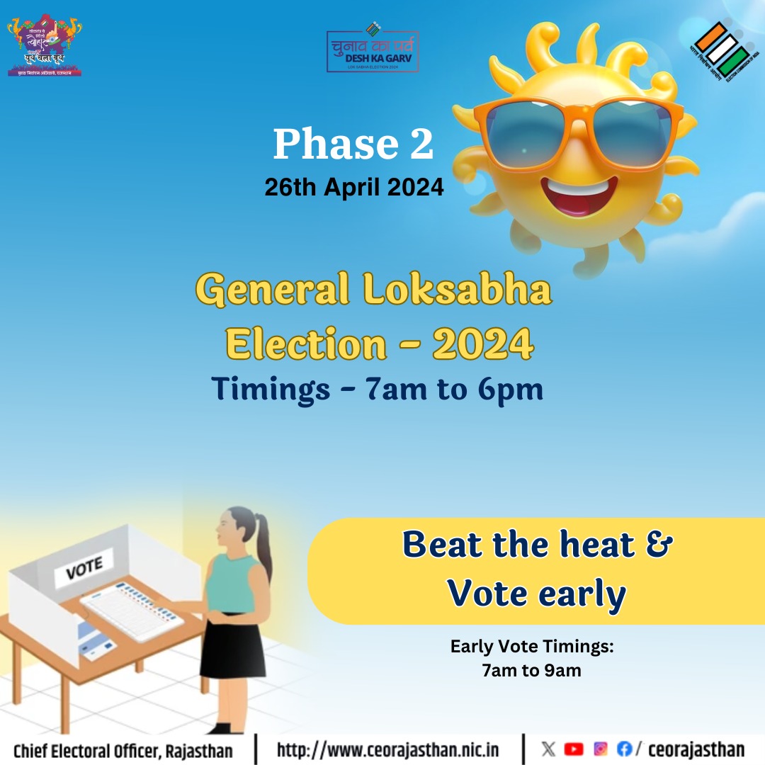 Beat the heat & Vote early! राजस्थान लोकसभा चुनाव-2024 द्वितीय चरण (26 अप्रेल) समय: प्रातः 7.00 से सांय 6.00 बजे तक। #ECI #DeshKaGarv #ChunavKaParv #IVote4Sure @DIPRRajasthan