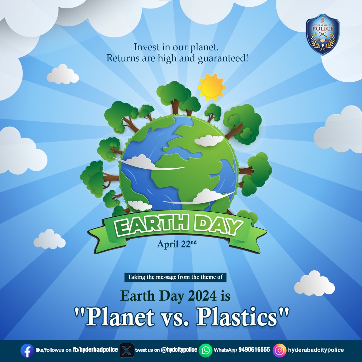 Let us all unite to protect our planet and create a sustainable future for all. Happy #EarthDay . This year's theme for #EarthDay2024 is '𝐏𝐥𝐚𝐧𝐞𝐭 𝐯𝐬. 𝐏𝐥𝐚𝐬𝐭𝐢𝐜𝐬' #EarthDayEveryDay #HyderabadCityPolice