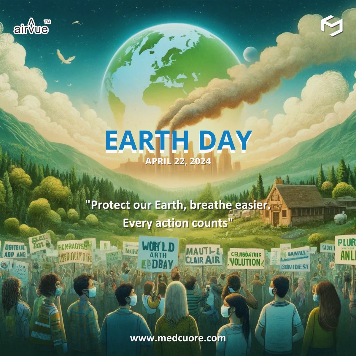 medcuore's tweet photo. This #EarthDay, let’s take a breath for change. Small steps lead to big impacts in the fight against air pollution. 🌱🌎 Your choices matter - let’s protect our planet and breathe easier. Together, we make every action count. #WorldEarthDay2024 #CleanAirForAll #AirVue #ActNow https://t.co/LOePdMsfsk