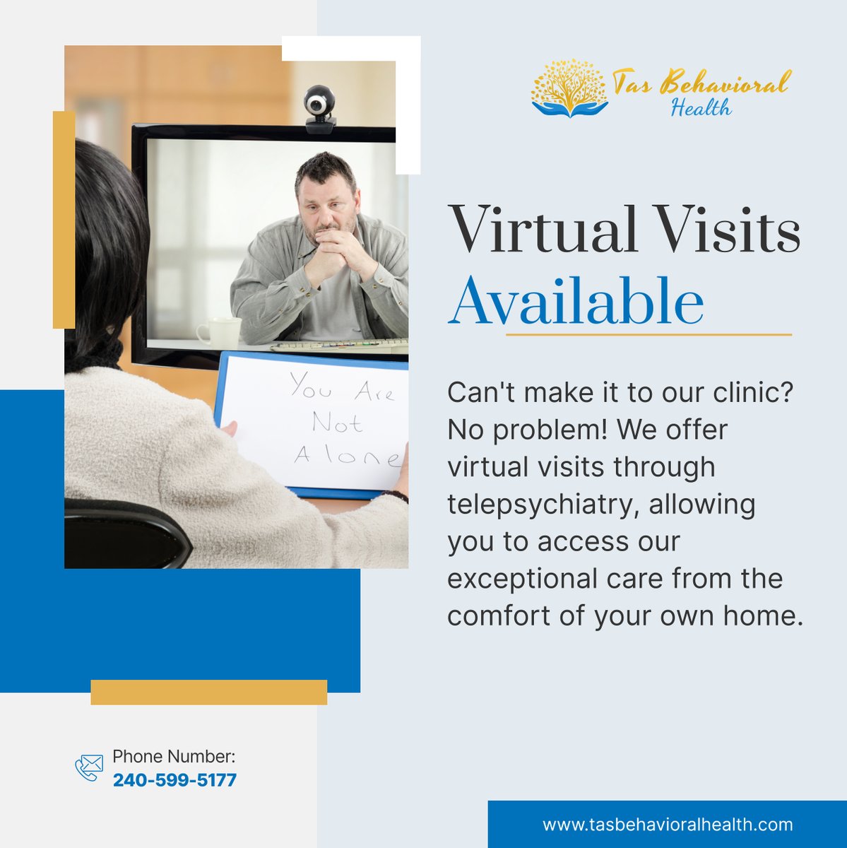Our goal is to ensure accessible care for all our clients across Maryland. With virtual visits via telepsychiatry, quality care is just a click away. Discover more about us here: tinyurl.com/3bchsk2r. #CumberlandMD #MentalHealthClinic #VirtualVisits