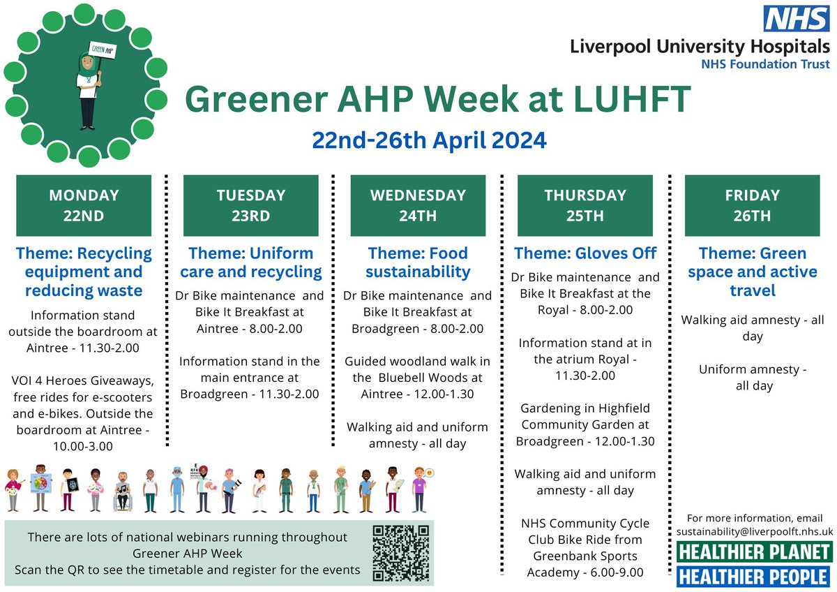 #GreenerAHP is here! We have lots going on this week @LivHospitals take a look at our timetable! 😃🌳 Actions #AHPs take to improve health & reduce health inequalities also improve our planet 🌍 #NetZero #Sustainability #AHPsDeliver @weahps @LUHFTAHPs @GreenerLUHFT