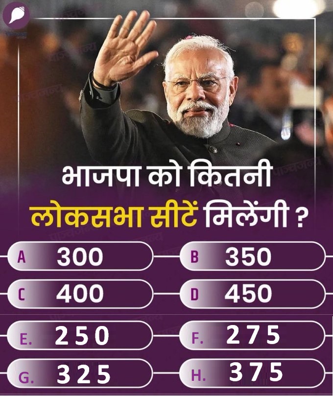 1978BKSAXENA's tweet photo. भाजपा को लोकसभा 2024 में कितनी सीटें मिलेंगी ? 
 
A. 300. पार B. 350 पार 

C. 400. पार D. 450 पार 

E. 250. पार F. 275. पार 

G. 325. पार G. 375. पार 

कमेंट कर जवाब जरूर दें। https://t.co/Cnx9wxXSxe
