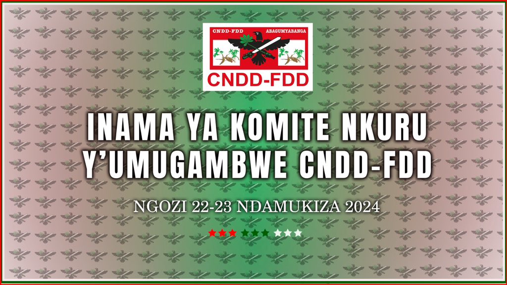 Du 22 au 23 avril 2024, le Comité Central du Parti @CnddFdd se réunit à @NgoziProvince en présence de S.E @GeneralNeva, Chef de l’Etat et Président du Conseil des Sages. La mise en œuvre de la Vision «#Burundi Pays émergent en 2040 et développé en 2060» figure à l’ordre du jour.