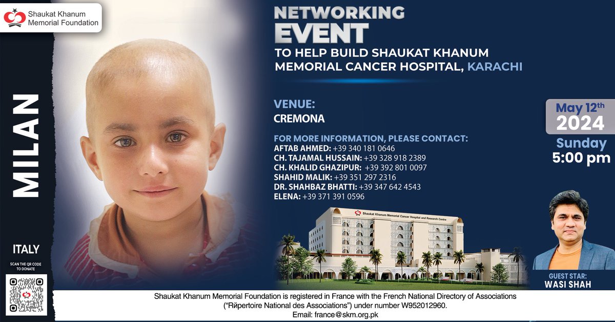 Join us at the Networking Event in Milan, Italy, in support of #ShaukatKhanumKarachi. Guest Star: Wasi Shah Date: Sunday, May 12, 2024 Venue: Cremona For more details, visit shaukatkhanum.org.pk/networking-eve… #EuropeEvents #SKMCH #Madrid #LetsMakeItHappen