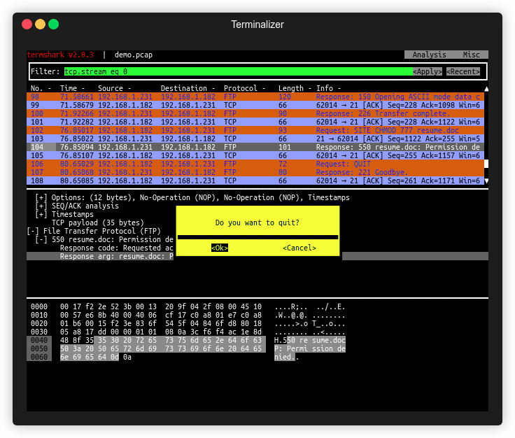 termshark本当にいい感じだな
CLIでwiresharkみたいにキャプチャできるし、vim式で操作できる
プラスやたらかっこいいデザイン