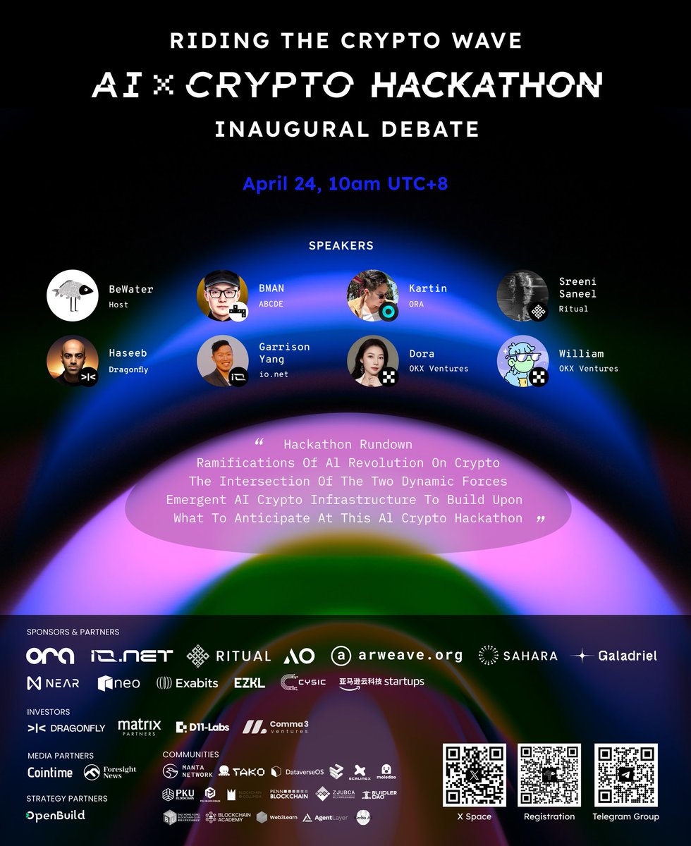 RIDING THE WAVE：BEWATER AI X CRYPTO HACKATHON INAUGURAL DEBATE 🎙️Get ready to ride the AI X CRYPTO  Wave with #BeWaterAIXCryptoHackathon! Join our star-studded lineup featuring BMAN @BMANLead from ABCDE @ABCDELabs, Kartin @0xKartin from ORA @OraProtocol , Sreeni Saneel