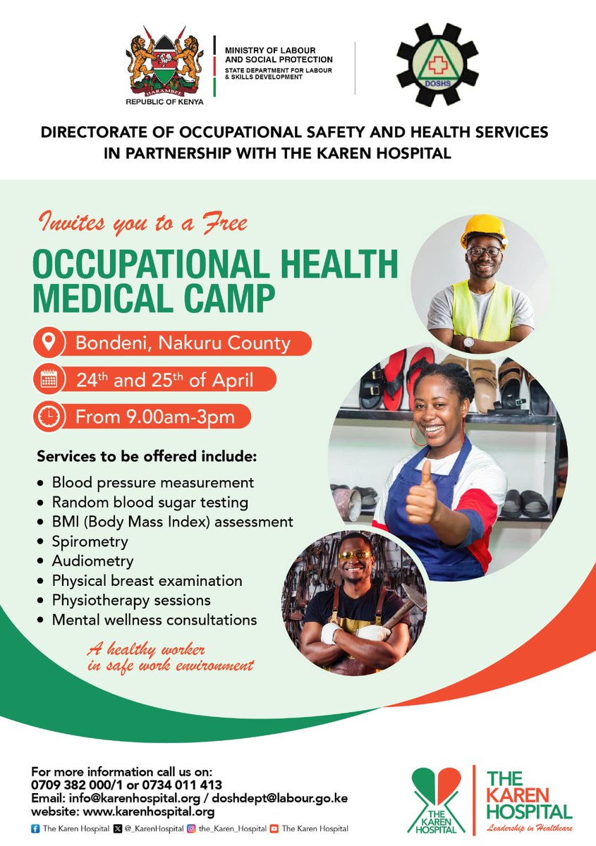 Free Occupational Health Medical Camp!

The Karen Hospital partners with @LabourSPKE for FREE health screenings at Bondeni, Nakuru County.

🗓️April 24th & 25th | 9am-5pm
Basic checks, audiometry, spirometry, physiotherapy & more!
#TKHCares