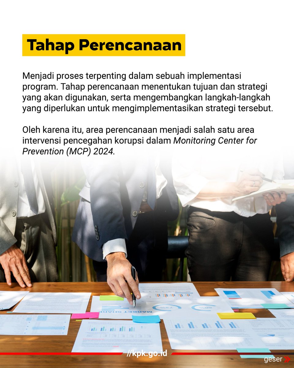 KPK_RI's tweet image. Tahap perencanaan menjadi proses terpenting dalam sebuah implementasi program karena tahap ini menentukan tujuan dan strategi yang akan digunakan, serta mengembangkan langkah-langkah yang diperlukan untuk mengimplementasikan strategi tersebut. (2/3)

#MCP2024
#AreaPerencanaan