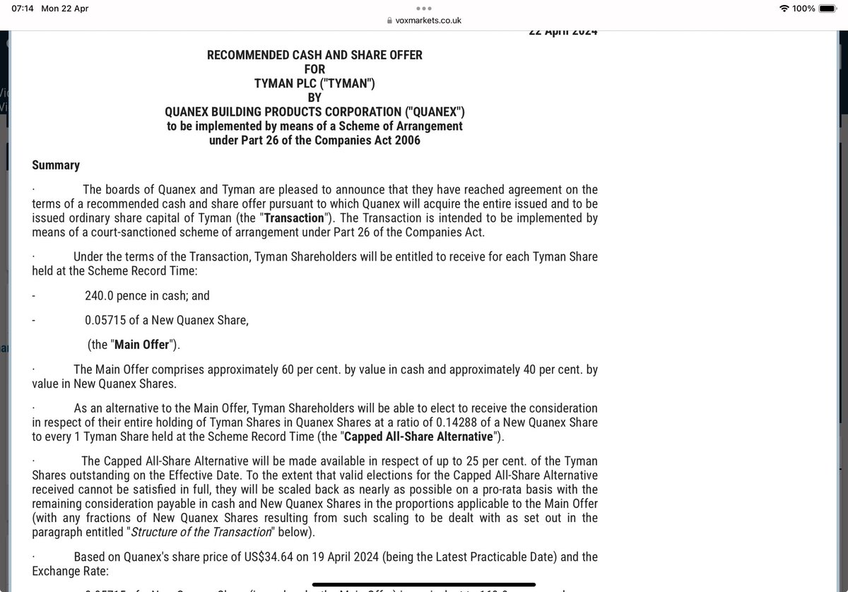 reb40's tweet photo. #TYMN Another Day Another Takeover Bid

This time by Quanex of Tyman

Shareholders receive a combination of cash &amp; Quanex paper
240p cash
0.05715 shares (all paper options also available)

Equivalent to 400p
The shares closed at 296p on Friday https://t.co/S0TvjPmlNy