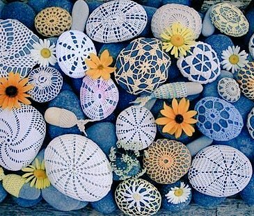 Margaret Oomen, contemporary Canadian textile artist who creates 'Little Urchin Crochet Covered Sea Stones' #WomensArt
