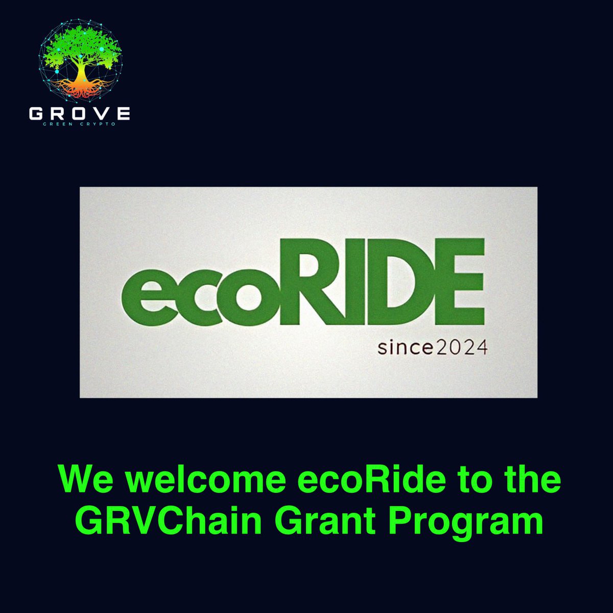GroveToken's tweet photo. Welcoming #ecoRIDE to the #GRVChain Grant Program.

$eRIDE is pioneering the world's first decentralized e-hailing platform, offering insurance and lending as complementary services to its users with special NFTs perks.

More details to be announced.

#BuildOnGroveBlockchain https://t.co/PnBNAKUNl1