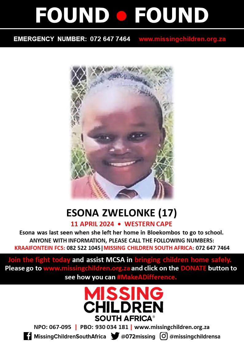 #MCSAFound Wonderful news! Esona Zwelonke has been found safe. If you personally, or your company | or your place of work, would like to make a donation to #MCSA, please click here to donate: missingchildren.org.za/page/donate