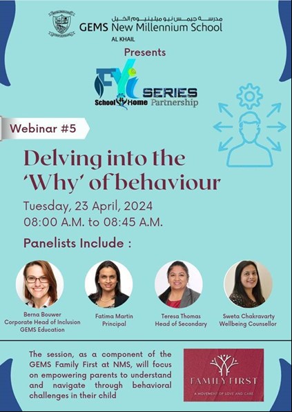 The FYI Series returns with Webinar #5!
Tailored for NMS families, join the experts to know about 'The Why of Behaviour,' delving into insightful understanding of children's motives across all ages.
Looks exciting?
Mark your calendar for April 23rd. gemseducation.zoom.us/j/94936144199