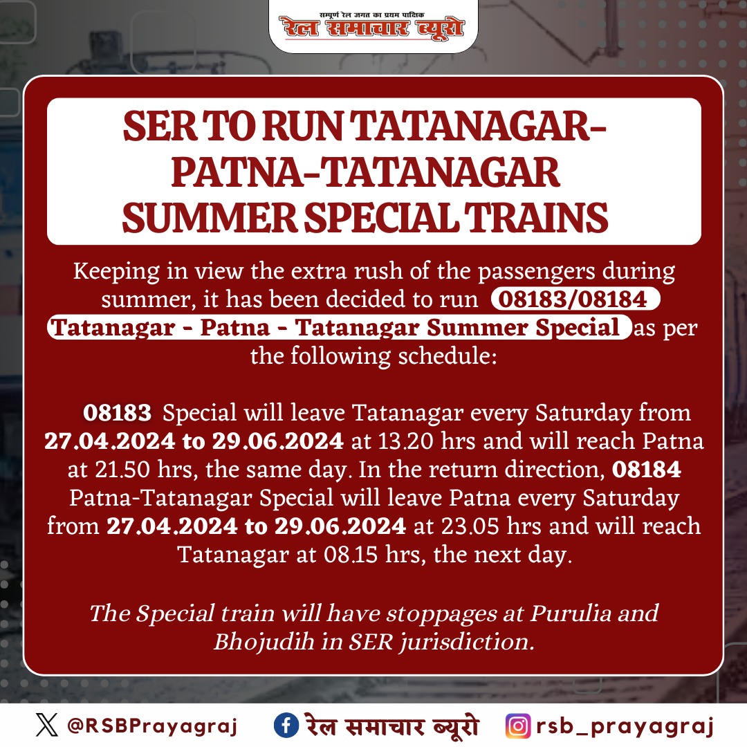 RSBPrayagRaj's tweet photo. SER introduces special summer trains between Tatanagar and Patna, ensuring a comfortable journey for passengers. Beat the heat and plan your trip hassle-free!
#IndianRailways #Railways #BreakingNews #updatescomingsoon
@GMSERAILWAY @RailMinIndia https://t.co/rRPAZzJ68b