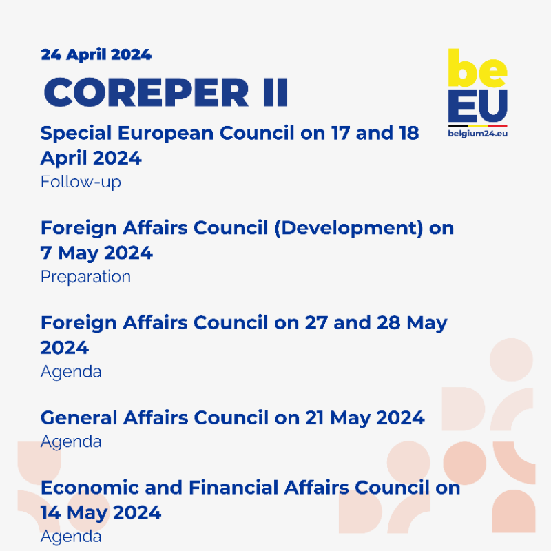 BelgiuminEU's tweet photo. This week's agenda for #COREPERI and #COREPERII.

#EU2024BE