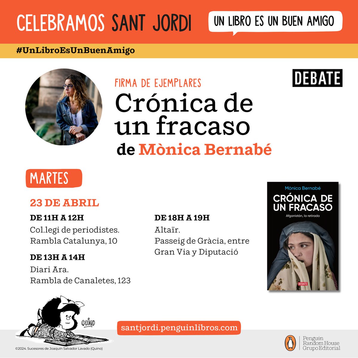Demà, dia de Sant Jordi, estaré signant llibres a les 11h, a les 13h, i a les 18h en aquests llocs de Barcelona 👇Us espero!!