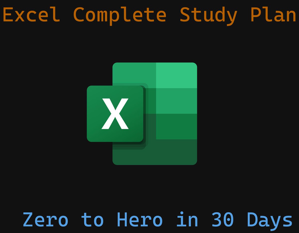 freest_man's tweet photo. Excel for Data Science Complete Study Plan 🚀

The timeline of 30 days and you have to dedicate at least 1 hour a day.

Week 1: Basics of Excel

Day 1-2: Excel Basics

https://t.co/ecWfpJvBnN

Day 3-4: Understanding Formulas, Functions and Formatting

https://t.co/LfcuAQ1rOp

Day 5-7: Practice Basic Operations

Practice: Start by working on simple datasets, performing basic arithmetic operations, and using functions.

Datasets: https://t.co/p8NHqsiobM

Week 2: Data Manipulation

Day 8-10: Sorting, Filtering, and Data Validation

Sorting and Filtering: https://t.co/ThWE4m5oq7

Data Validation: https://t.co/HkbEebVAva

Day 11-12: PivotTables

Resource: https://t.co/PymxBY208R

Day 13-14: Practice Data Manipulation

Practice: Work with moderately complex datasets, practice sorting, filtering, and creating PivotTables.

Example: https://t.co/RwLbSwN9xS

Week 3: Advanced Functions and Analysis

Day 15-20: Advanced Functions

Resource: https://t.co/uRiRZGZCEL

Day 21-22: Statistical Functions and Analysis

Resource: https://t.co/wfksZfVXMn

Week 4: Visualization and Presentation

Day 23-25: Charts and Graphs

https://t.co/ARX3xFeZjC

Day 26-28: Advanced Visualizationhttps://www.youtube.com/watch?v=HrqgBhZDWUg&list=PLDO6p2ilGI3EkDJZtQqi3VUdnIhW6lQUu

Day 29-30: Final Projects and RecapPractice: Apply learned skills to create comprehensive visual presentations using Excel.

Example Project: https://t.co/g9EX4w8ura

Datasets: https://t.co/p8NHqsiobM

Throughout the Month:

Review and Practice: Regularly revisit previous topics, practice, and work on sample datasets to reinforce your learning.