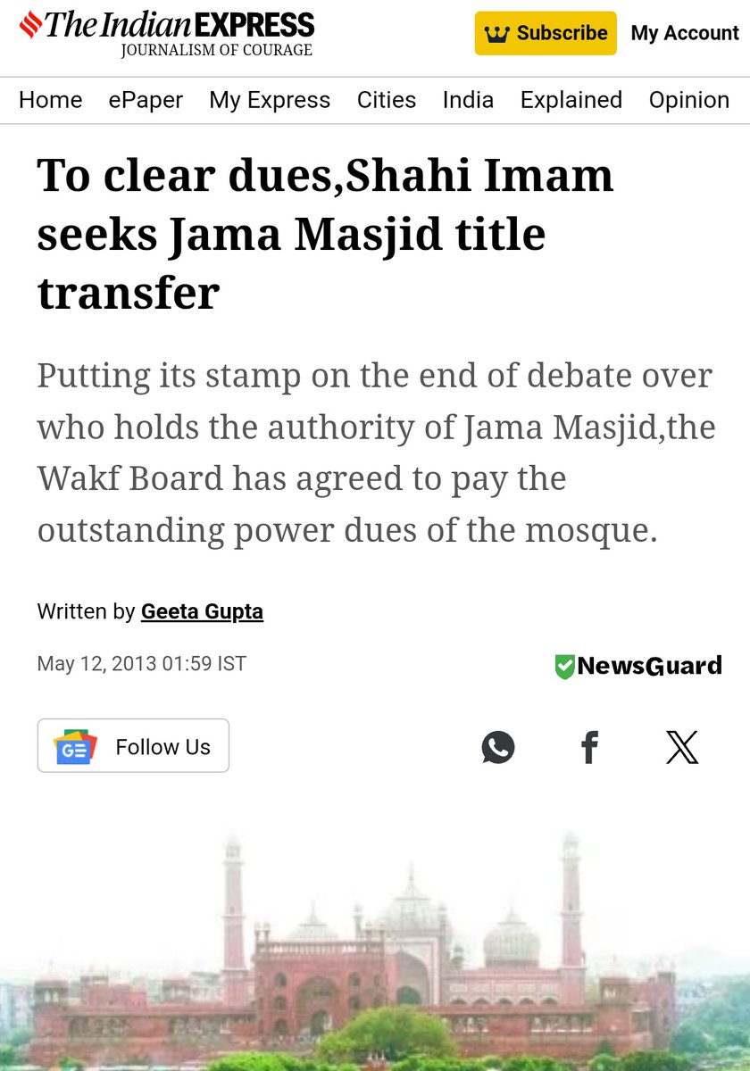 Saboot: that Bukhari indeed sought title of #JamaMasjid to clear electricity dues to the tune of 4 crores 

Jama Masjid in Delhi is a Waqf property

#Waqf #Ghazipur

indianexpress.com/article/cities…