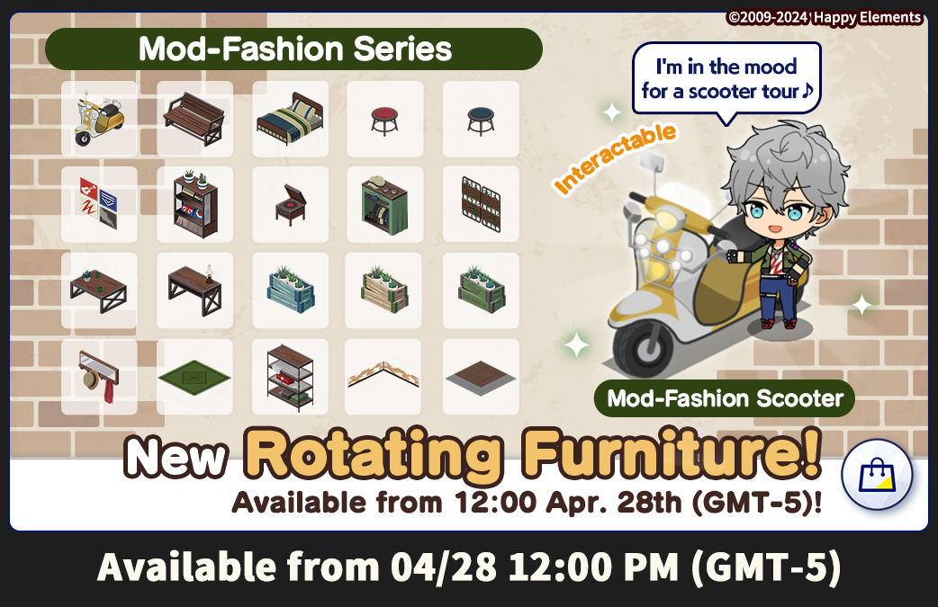 ✨FS!! Series Celebration: FS!! Limited Patterns & Funiture 👕From 04/28 12:00 AM (GMT-5), you will receive FS Rock Suit Patterns for all idols! 🛋️New furniture and Rotating Furniture will be on sale from 04/28 12:00 PM (GMT-5)! Please refer to the game for details.