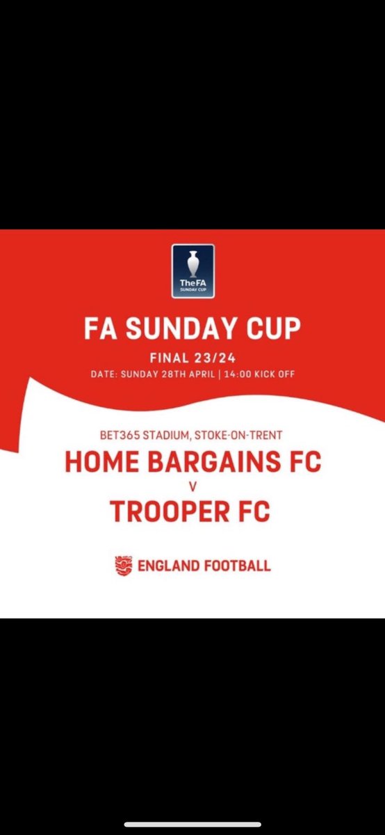 Big week ahead now as we switch our attention to the @FASunday_Cup final @stokecity bet365 stadium V Trooper Fc. Hope to see as many there as possible getting behind the lads and hopefully bring that cup back home