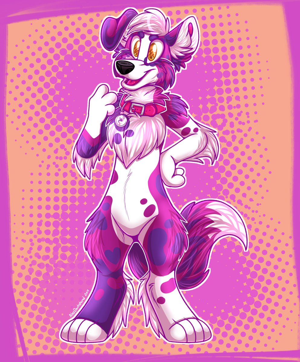 Old art from 2017 flashback time! I drew the @ThePhoenixNest_ border collie mascot, Fawkes! I kinda want to redraw this piece in my current art style, now! 💜💙