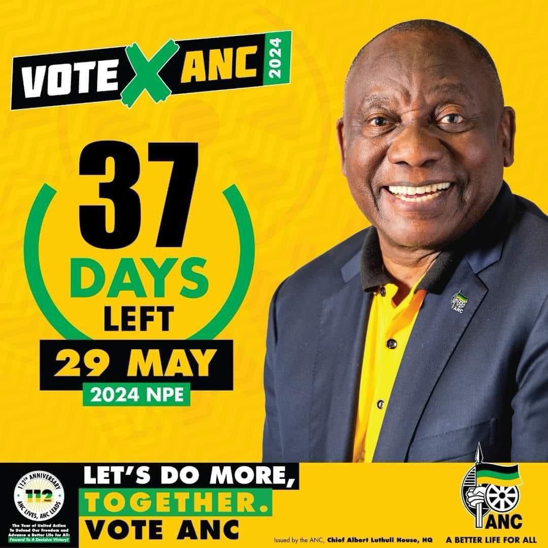 ANCECape's tweet photo. 37 Days to go until the 2024 National and Provincial Elections on the 29th of May 2024!

1st Ballot: #VoteANC ❎
2nd Ballot: #VoteANC ❎
3rd Ballot: #VoteANC ❎

#VoteANC2024
#LetsDoMoreTogether ⚫️🟢🟡 https://t.co/eX7zkmq3FY