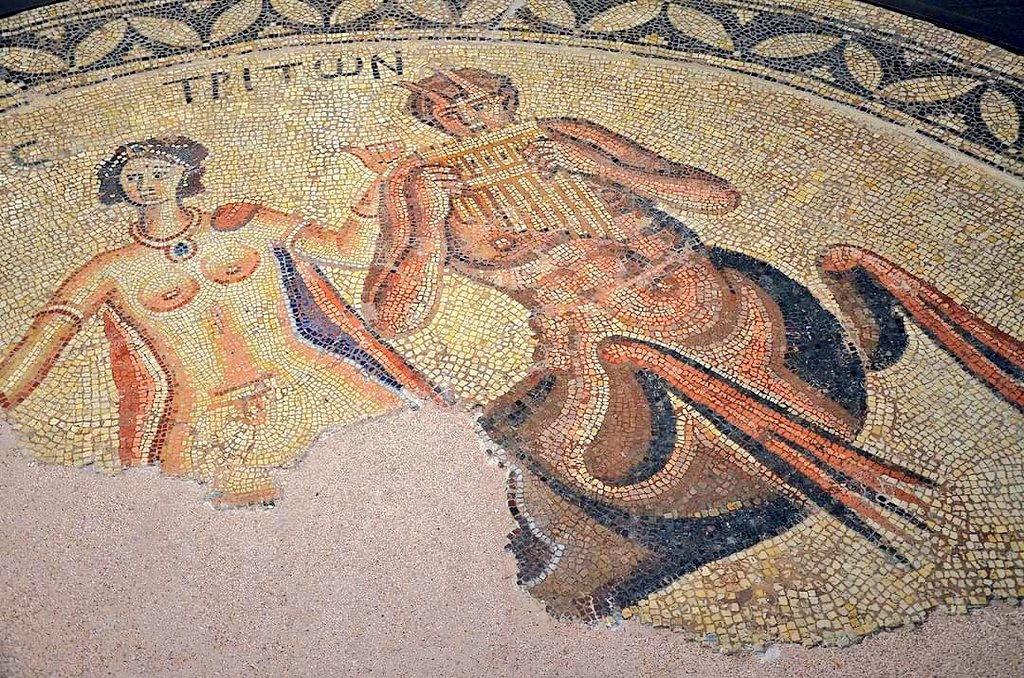 #MosaicMonday depicting the Nereid Thetis, a goddess of the sea, accompanied by a Triton playing the pan flute, discovered in the #Roman Villa of Saint-Rustice in 1833, 4th - 5th century, MSR, Musée Saint-Raymond. #Art #Archaeology #History