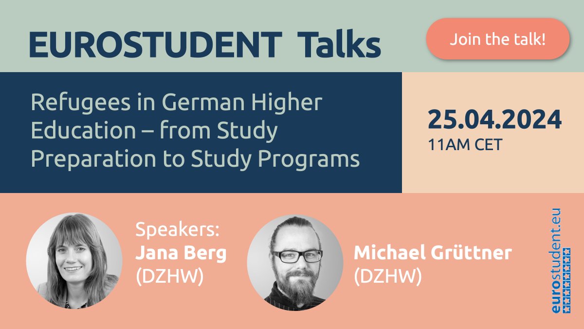EUROSTUDENTtwt's tweet image. Our webinar about refugees in German higher education is still coming! 🥳 Sincere apologies once again that we had to cancel the Talks last week, but we&apos;ll be live this Thursday, 25.04. Come and join!🙂

Register 👉 rb.gy/qayadz